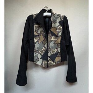 Treadle Design Room Vintage Tweed Geometric Open Cropped Jacket Black Tan Small